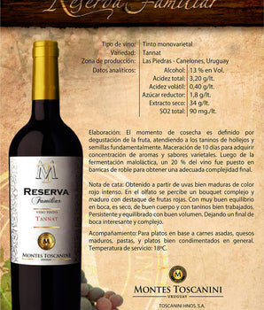 Vino Tinto Montes Toscanini Reserva Familiar Tannat 750 ml