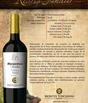 Vino Tinto Montes Toscanini Reserva Familiar Syrah 750 ml