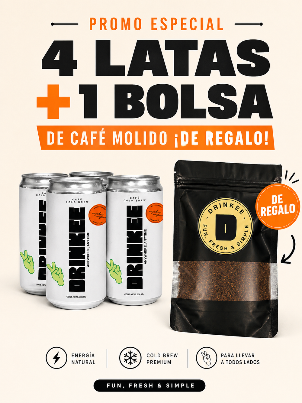 4 Latas Café Cold Brew 236 ml + Cafe molido GRATIS